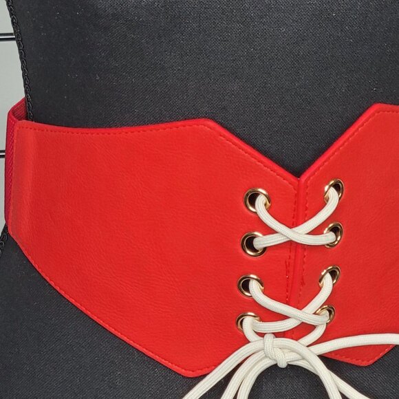 Women's LCF Steampunk Red and White Lace-up Elastic Waistband Corset Belt - Picture 10 of 17